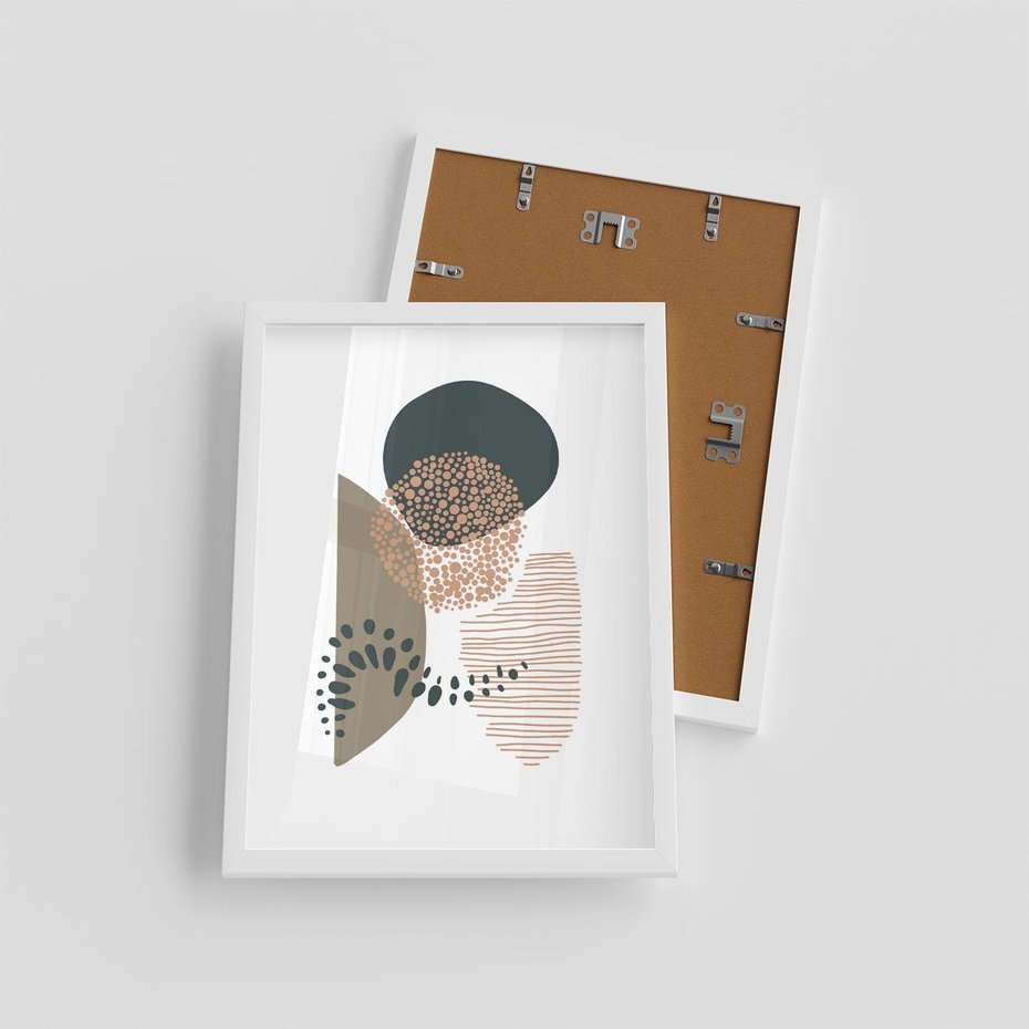Plakat w ramie 30x40 - Harmonia Akwarelowych Przestrzeni - abstrakcyjna kompozycja z kropek kresek i kółek, odcienie brązu i beżu - rama biała