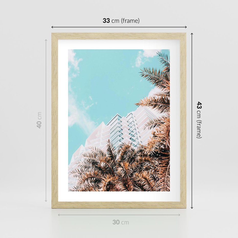 Plakat w ramie 30x40 - Wakacyjny Raj - palmy, wysokie budynki - rama drewno