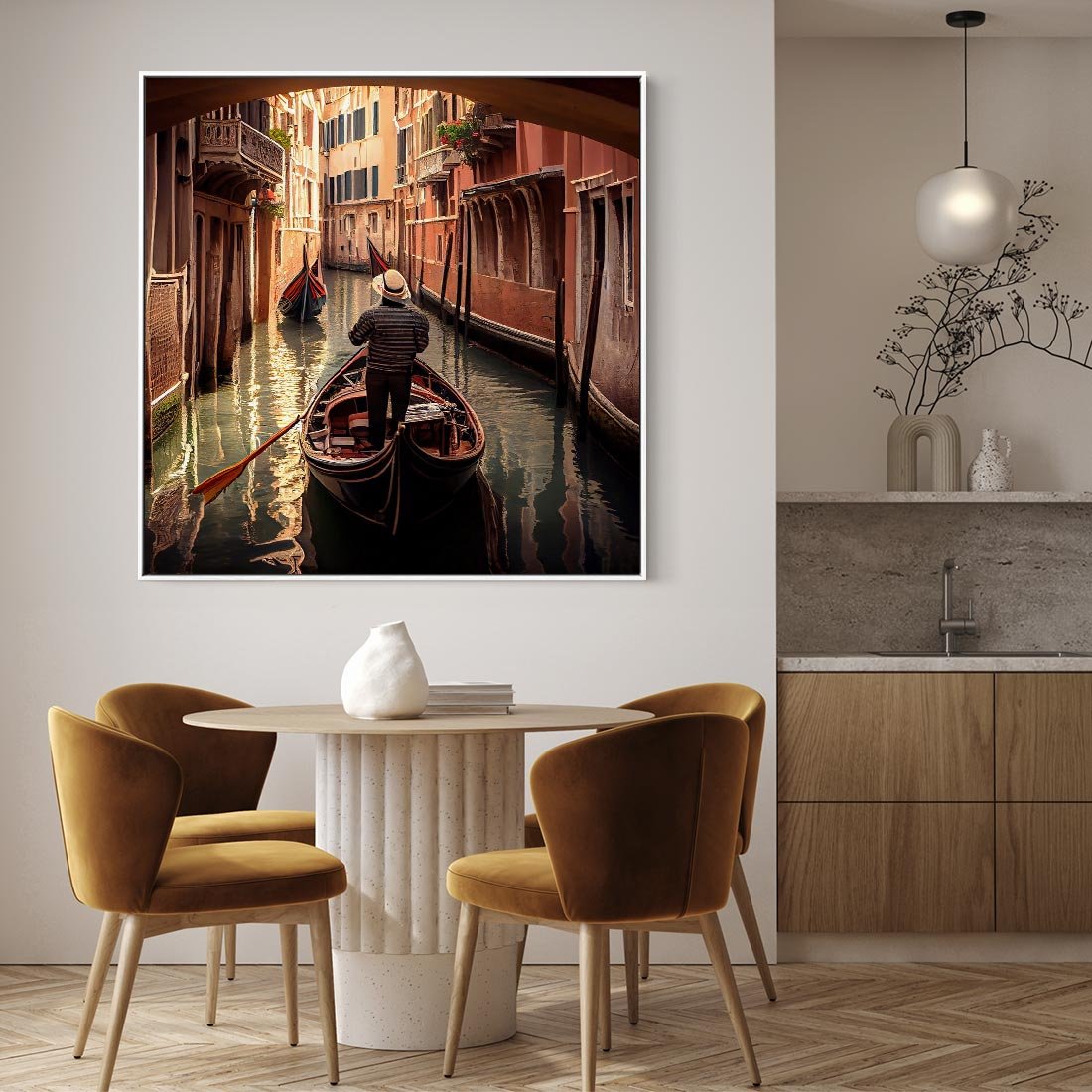 Obraz w ramie 50x50 - Spokojna Wenecja - gondolier w gondoli, kanały Wenecji - rama biała