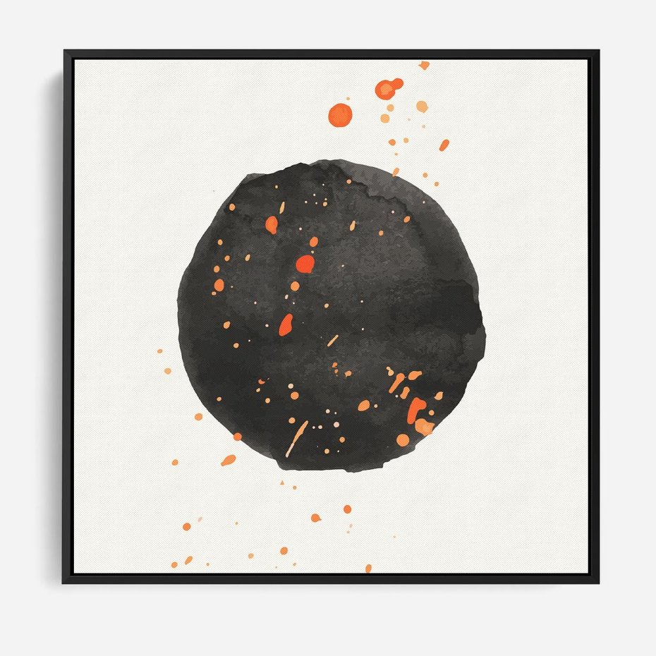 Obraz w ramie 50x50 - Wibracje Kolorów - abstrakcyjna czarna plama, rozsiane pomarańczowe kropki - rama czarna