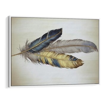 Obraz w ramie 70x50 - Granatowo-Złote Pióra - sztuka, granatowe i złote pióra - rama biała
