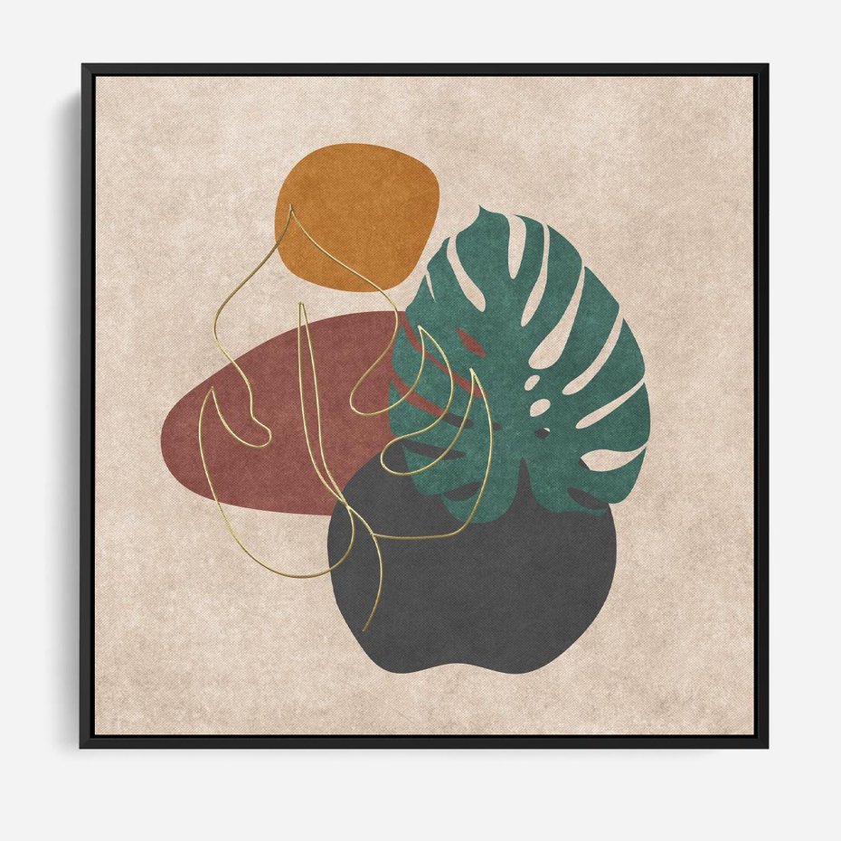 Obraz w ramie 50x50 - Akwarelowa Magia Liści - grafika, styl mid century - rama czarna