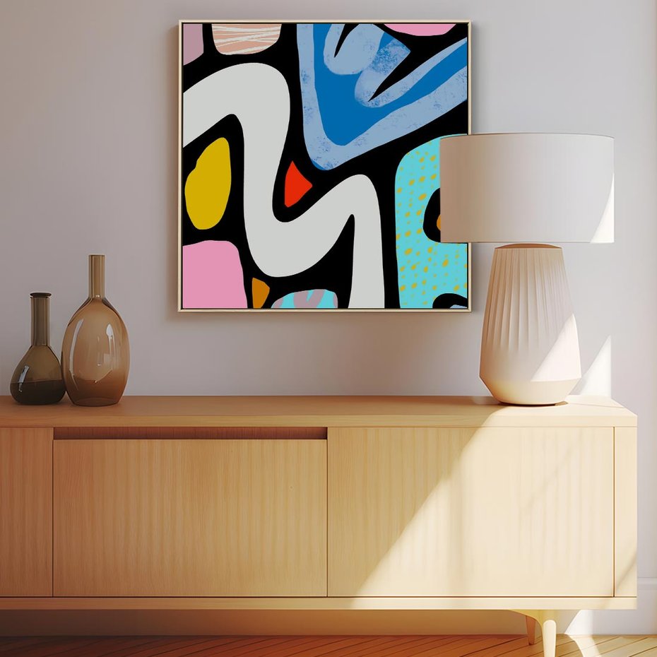 Obraz w ramie 50x50 - Komiksowe Formy - abstrakcyjne formy, komiksowy styl - rama drewno