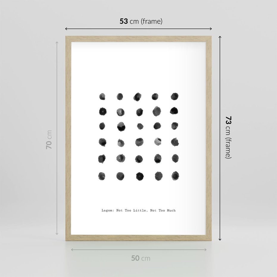 Plakat w ramie 50x70 - Boho Sztuka Wolości - minimalistyczny plakat, czarne kropki na białymtle - rama drewno