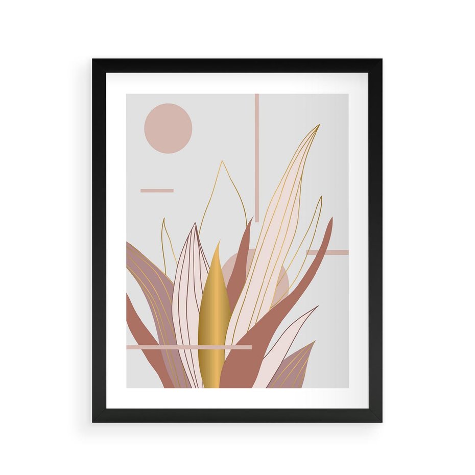 Plakat w ramie 40x50 - Złota Grafika Liści: Wyjątkowa Dekoracja - liście, złoto - rama czarna