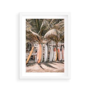 Plakat w ramie 40x50 - Surfingowy Raj - deski surfingowe, na plaży - rama biała