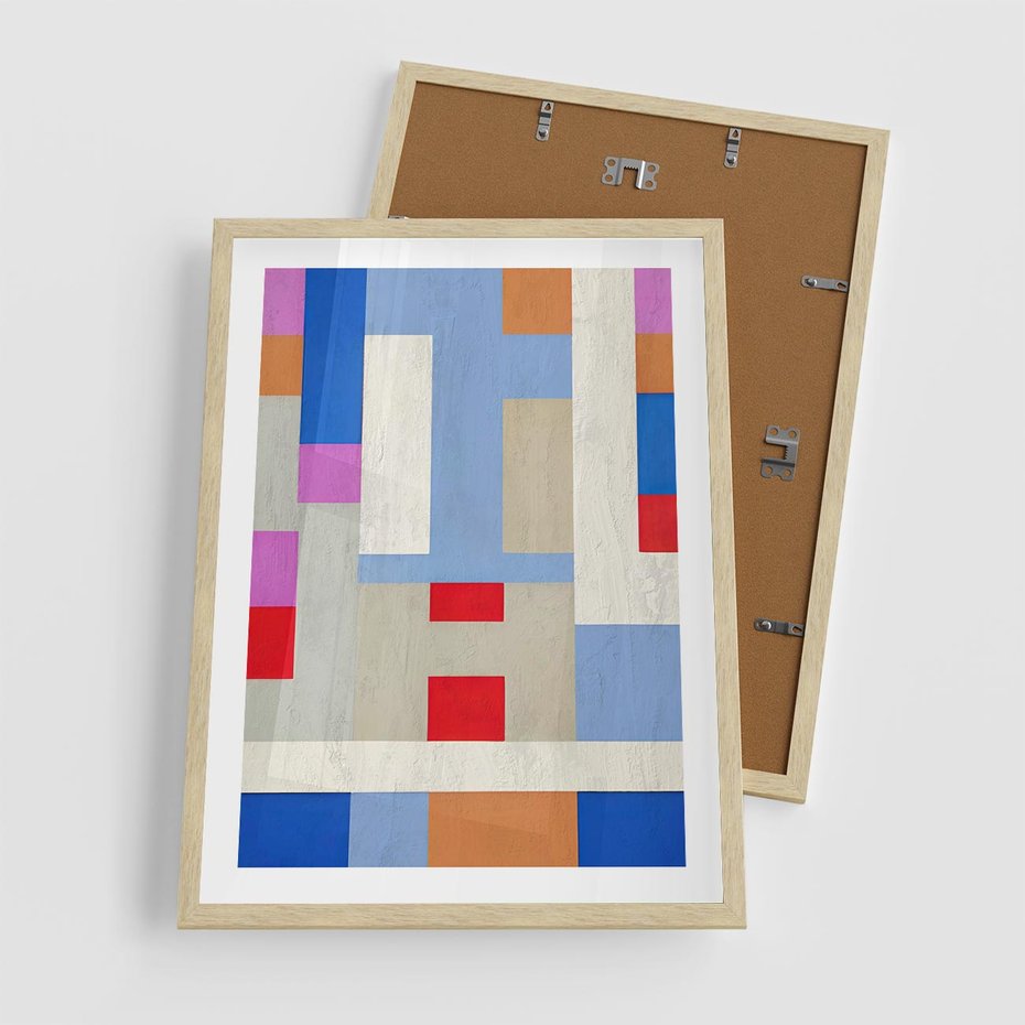 Plakat w ramie 50x70 - Bezczasowe Przenikanie Kształtów - abstrakcyjne geometryczne kształty, olejny obraz - rama drewno