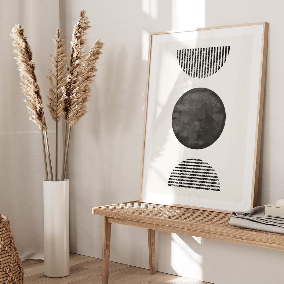 Plakat w ramie 50x70 - Tajemnicza Kompozycja - abstrakcyjne czarno białe formy, minimalizm - rama drewno