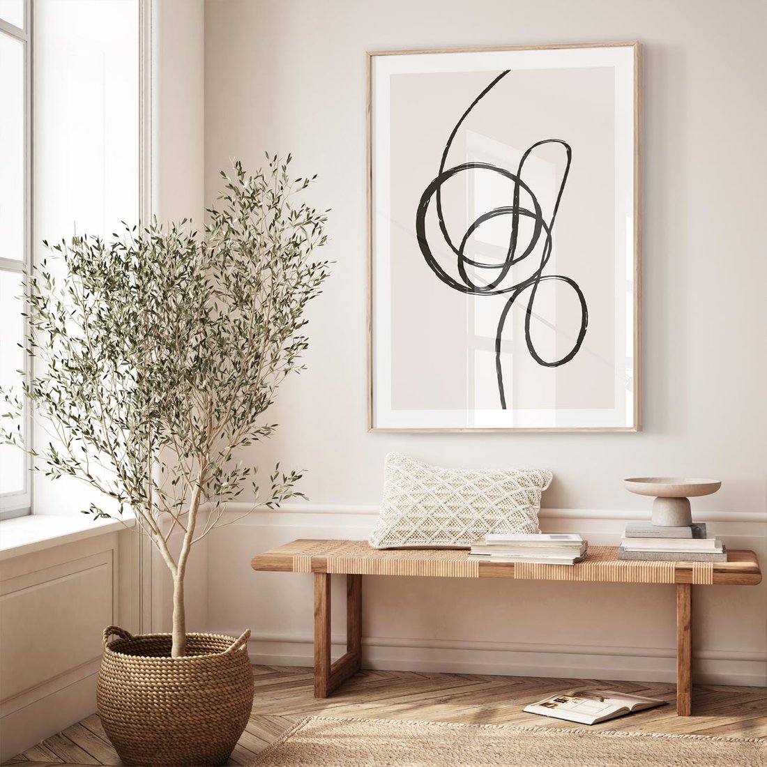 Plakat w ramie 30x40 - Migotliwa Kreatywność - abstrakcyjne szkicowane linie, minimalizm - rama drewno