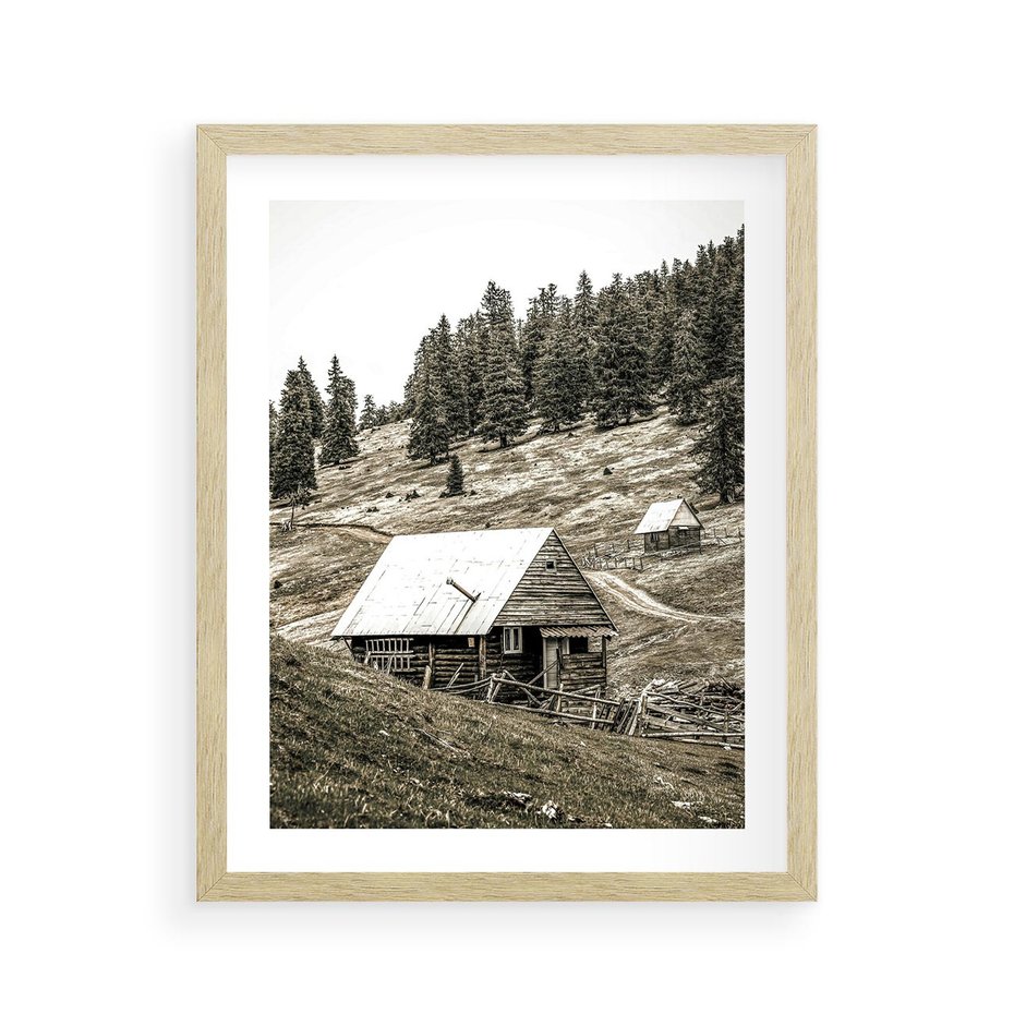 Plakat w ramie 40x50 - Ustronne Chatki w Górach - rustykalne domki w górach, sepia - rama drewno