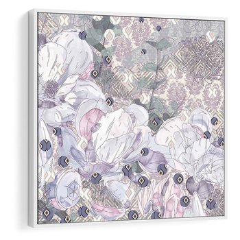 Obraz w ramie 80x80 - Malowane oddechy istnienia - pomieszane tekstury, kwiatowe elementy - rama biała