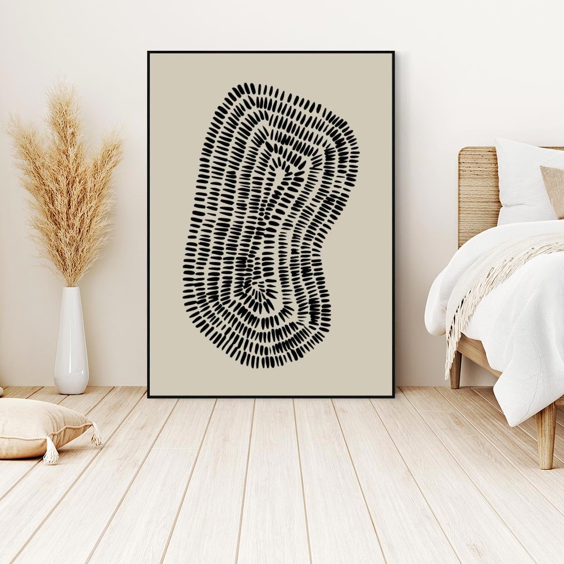 Obraz w ramie 70x100 - Nowoczesne Odbicia Wnętrza - boho plakat, czarne kropki kreski - rama czarna