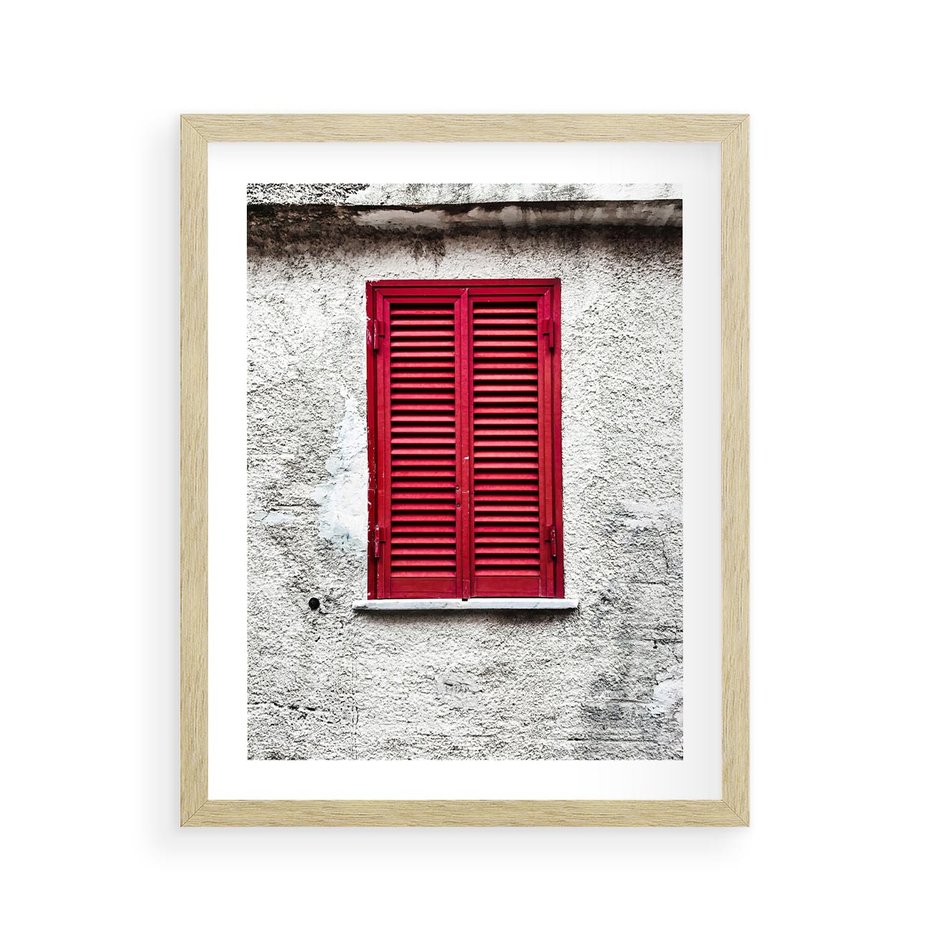 Plakat w ramie 40x50 - Okno z Czerwonymi Okiennicami - stare okno, kamienica - rama drewno