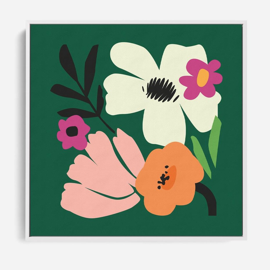 Obraz w ramie 80x80 - Rozbijające Echa - abstrakcyjne kwiaty, zielone tło - rama biała