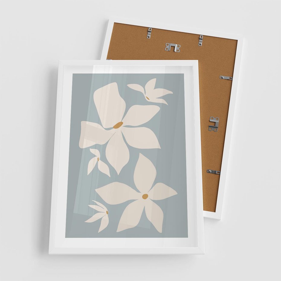 Plakat w ramie 50x70 - Błękit Kwiatów - kwiaty, nowoczesne i minimalistyczne - rama biała