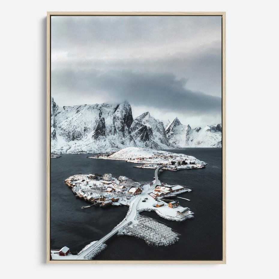 Obraz w ramie 70x100 - Ciepło i Urok Północy - skandynawskie, domki - rama drewno