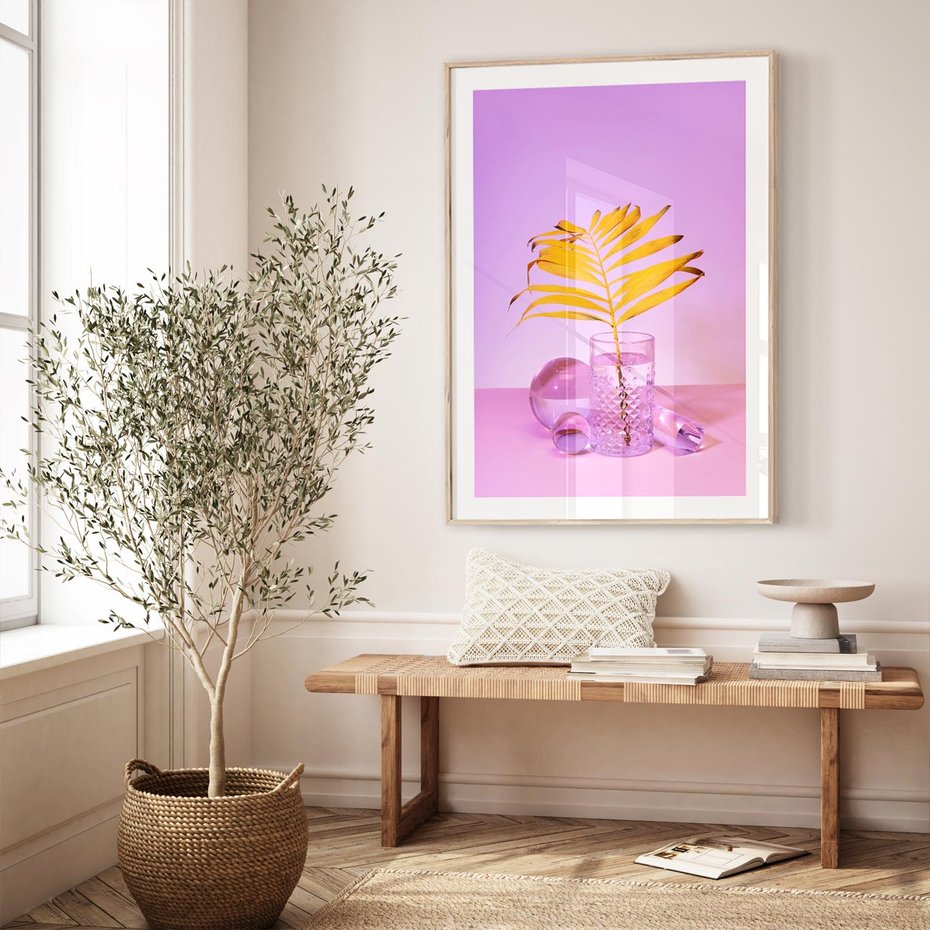 Plakat w ramie 40x50 - Minimalizm i Urok Natury - liście, pastele - rama drewno