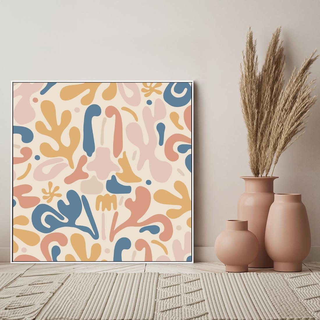 Obraz w ramie 50x50 - Symfonia Radosnych Barw - abstrakcyjne pastelowe formy, nowoczesna grafika w stylu boho - rama biała