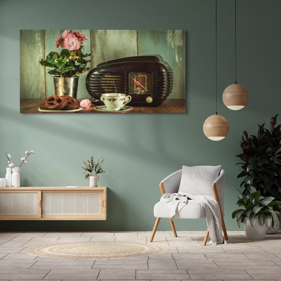 Obraz na płótnie 120x60 - Retro Radio z Kwiatami - Harmonia Nostalgii - retro, radio