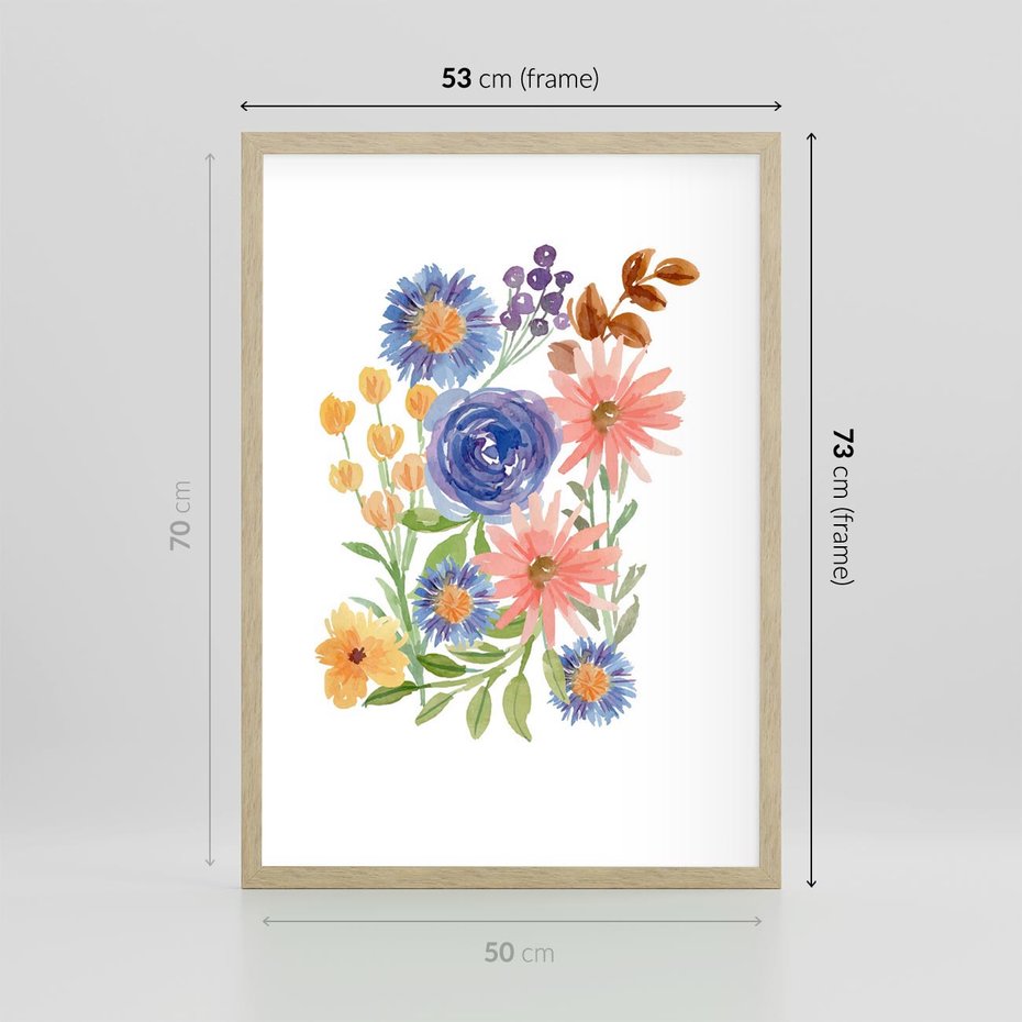Plakat w ramie 50x70 - Migocące Widoki Kwiatów - akwarelowe polne kwiaty, minimalistyczny plakat - rama drewno