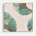 Obraz w ramie 50x50 - Złota Melodia Liści - złote, turkusowe liście miłorzębu - rama drewno