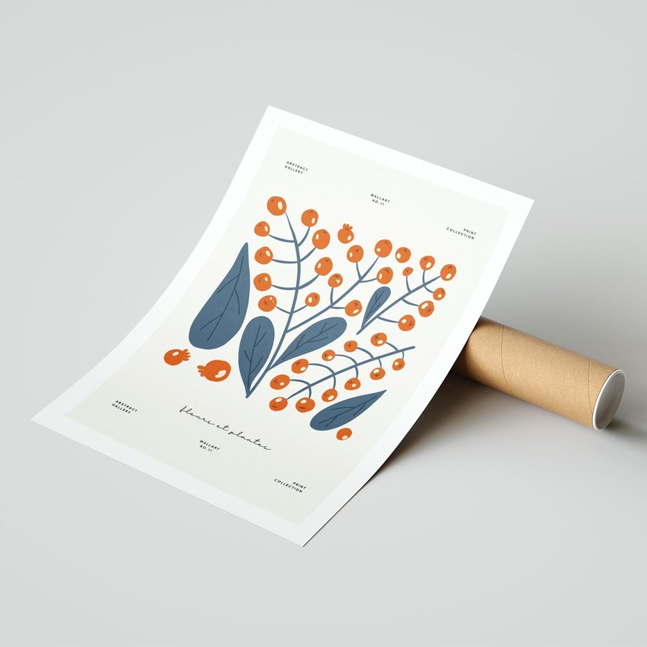 Plakat bez ramy 30x40 - Minimalistyczna Uroda Jarzębin - jarzębiny, niebieskie liście