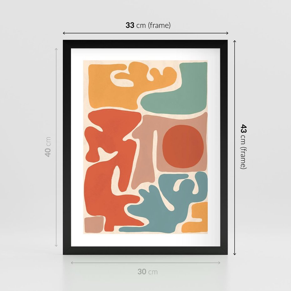 Plakat w ramie 30x40 - Pastelowa Symfonia Kształtów - abstrakcyjne kolorowe formy, pastelowe kolory - rama czarna