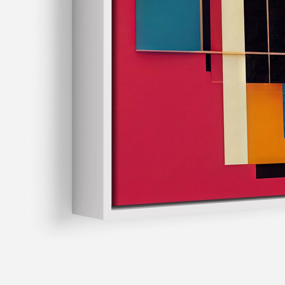 Obraz w ramie 70x100 - Przejście przez labirynt myśli - kolorowa abstrakcja, instalacja z prostokątów i lini - rama biała