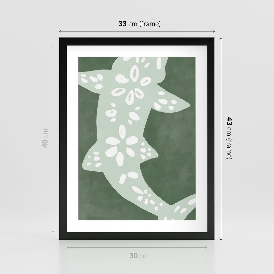 Plakat w ramie 30x40 - Migotliwe Wibracje Zieleni - zielony plakat, abstrakcja przypominająca rybę - rama czarna