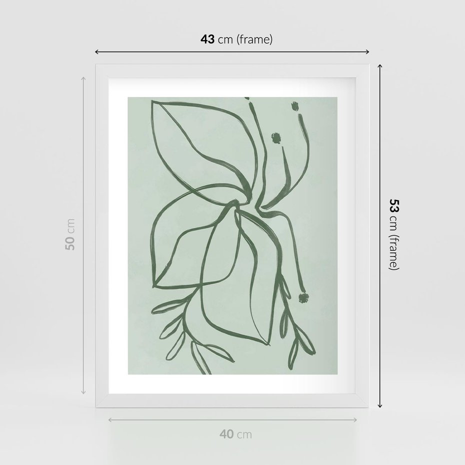 Plakat w ramie 40x50 - Energetyczne Odrodzenie Natury - abstrakcyjne delikatne zielone linie, podobne do gałęzi kwiatów - rama biała