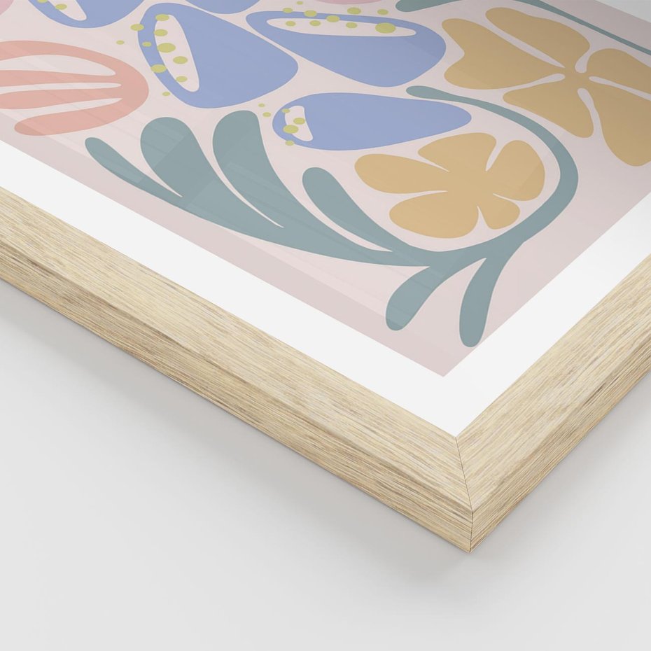Plakat w ramie 40x50 - Minimalistycznie i Pastelowo - pastelowe kwiaty, na beżowym tle - rama drewno