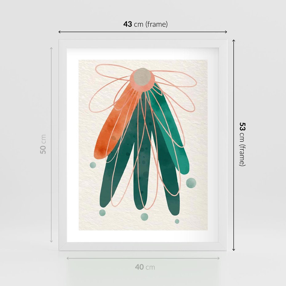 Plakat w ramie 40x50 - Energetyczna Harmonia Kwiatów - akwarelowe abstrakcyjne kształty, zieleń i pomarańcz - rama biała