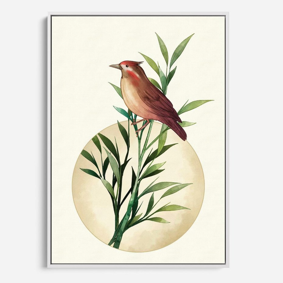 Obraz w ramie 50x70 - Rozkwitająca Delikatność - japońska sztuka, ptak - rama biała