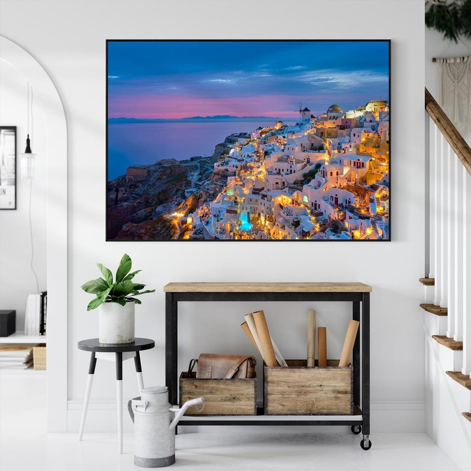 Obraz w ramie 100x70 - Wyblakłe wspomnienia gwiazd - Santorini, wieczór - rama czarna