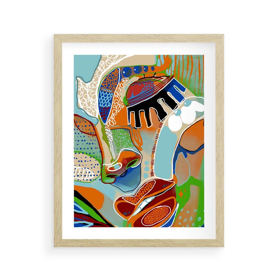 Plakat w ramie 40x50 - Wibracje Kształtów - abstrakcyjny portret kobiety, twarz - rama drewno