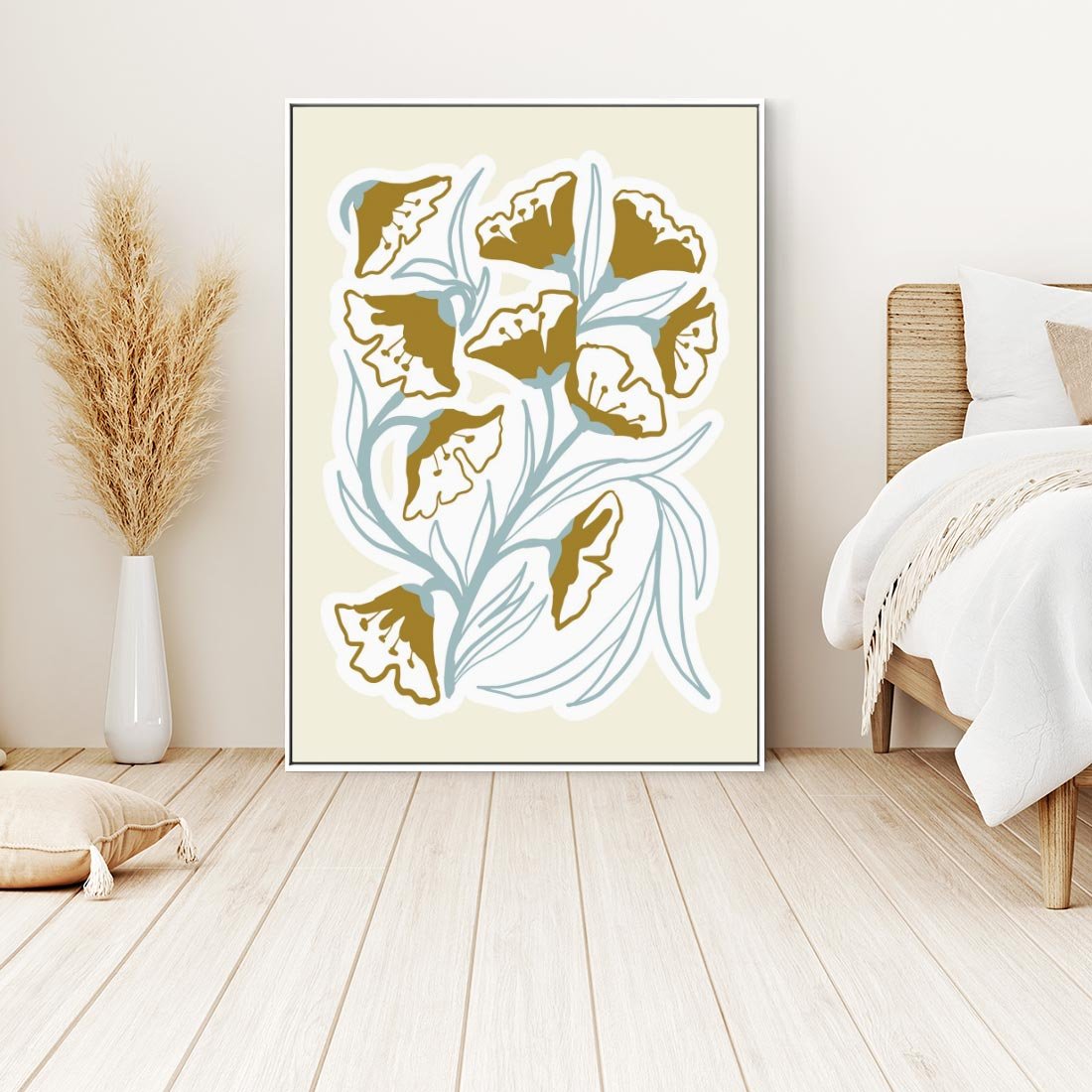 Obraz w ramie 50x70 - Wibracje Widzenia - abstrakcyjne beżowe kwiaty, elegancka kompozycja - rama biała