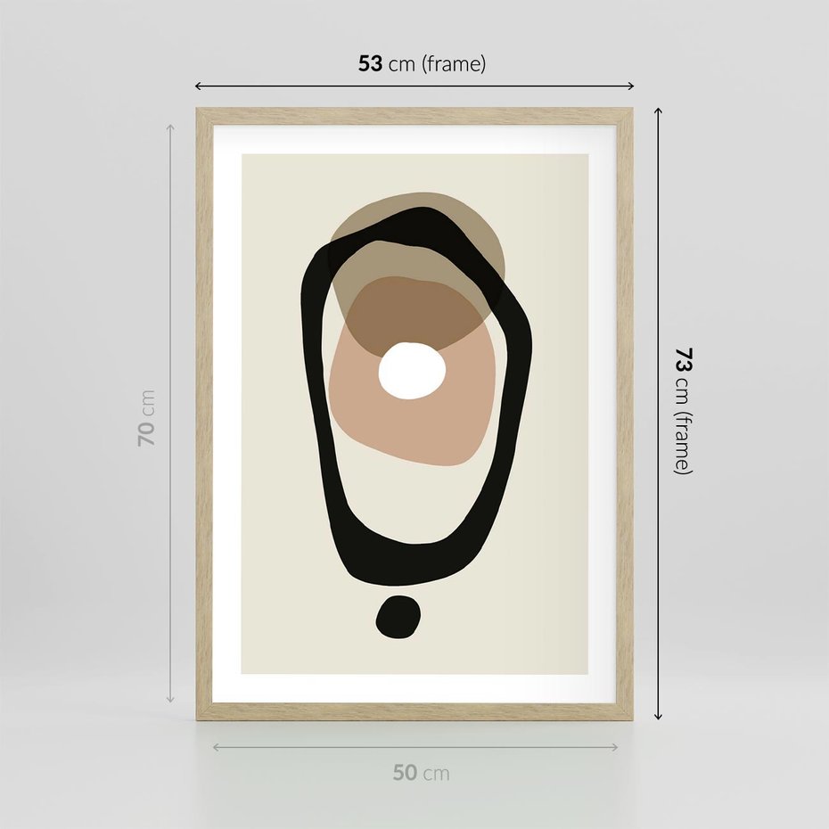 Plakat w ramie 50x70 - Intrygujące Zaskoczenia - beżowa abstrakcyjna kompozycja, czarny akcent - rama drewno