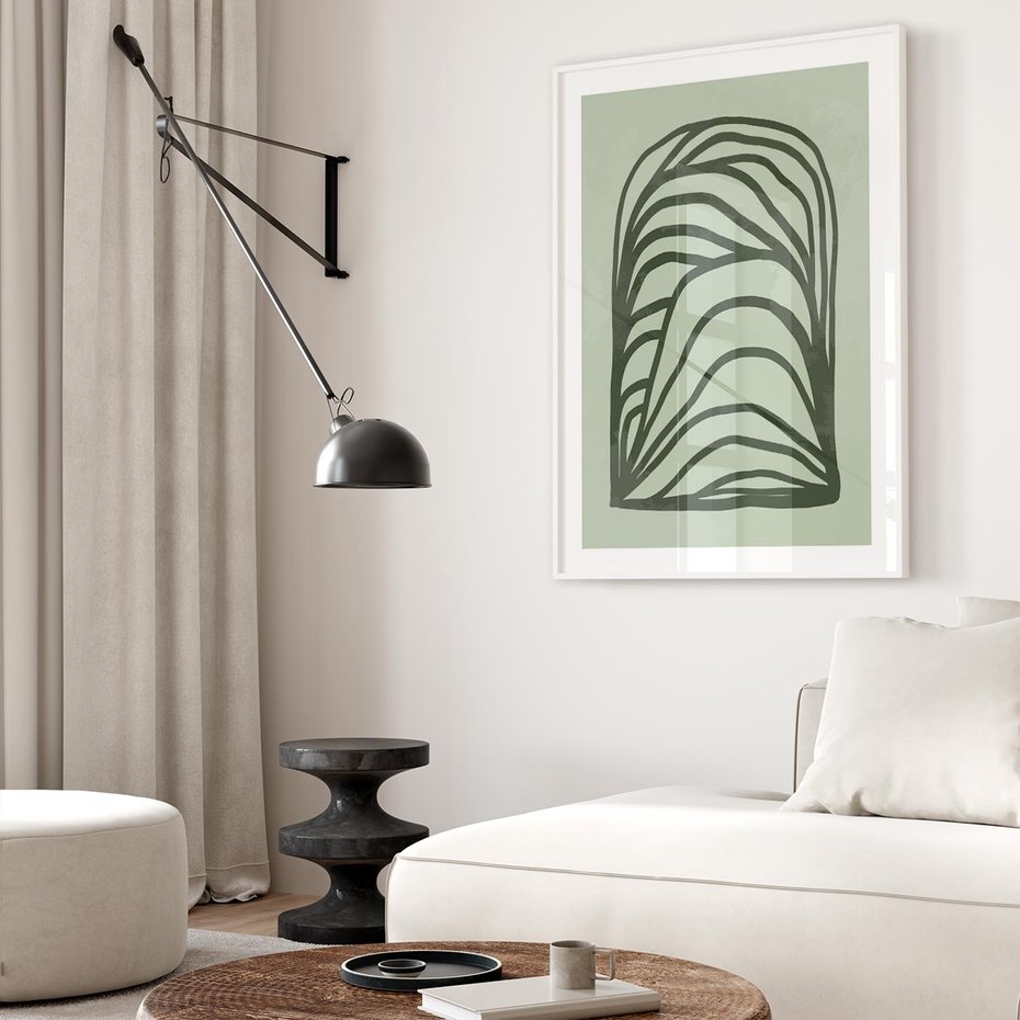 Plakat w ramie 50x70 - Zielonkawy Uścisk Natury - abstrakcyjny zielony motyw, skandynawski design - rama biała