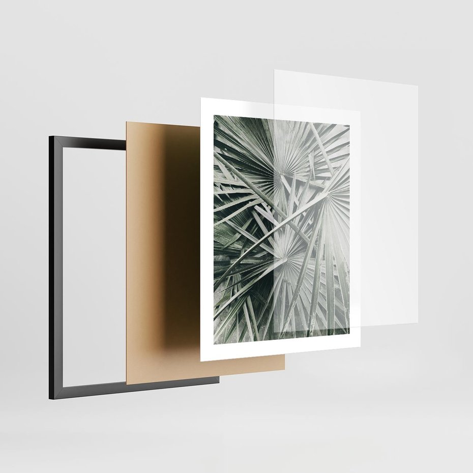 Plakat w ramie 40x50 - Palmy w Zgaszonej Zieleni - palmy, tropikalne liście - rama czarna