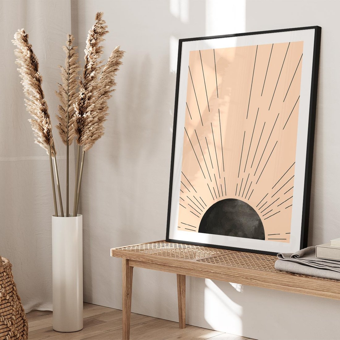 Plakat w ramie 50x70 - Migocące Kształty Promieni - boho czarne słońce, nowoczesna grafika - rama czarna
