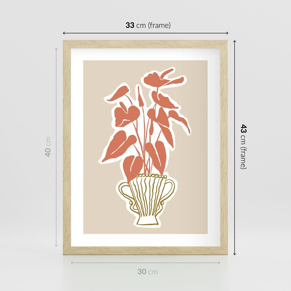 Plakat w ramie 30x40 - Harmonijne Echa - abstrakcyjne kwiaty liście, elegancka kompozycja - rama drewno