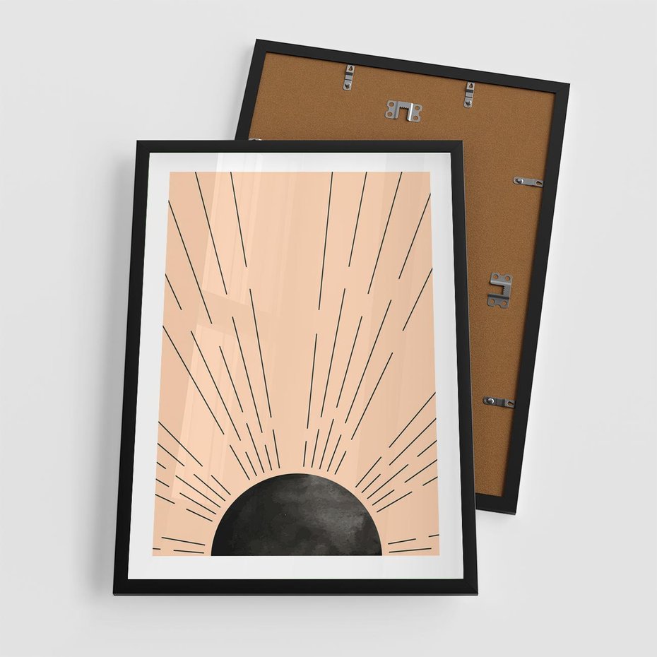 Plakat w ramie 50x70 - Migocące Kształty Promieni - boho czarne słońce, nowoczesna grafika - rama czarna
