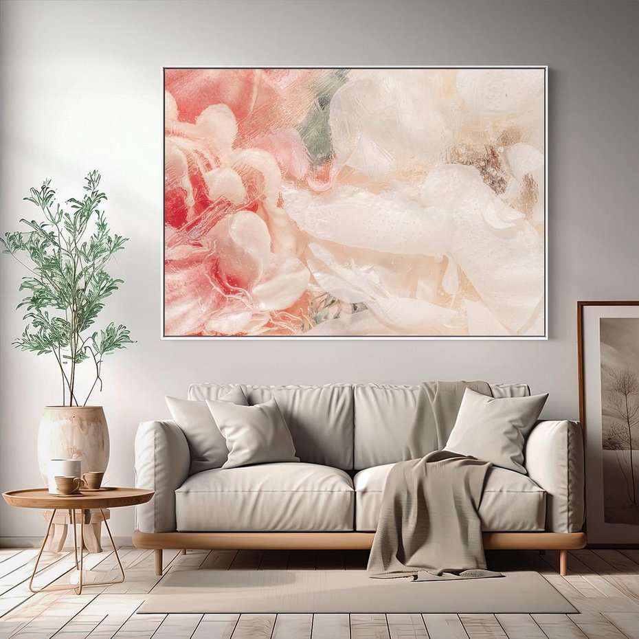 Obraz w ramie 120x80 - Kwiatowe hafty marzeń - abstrakcja przypominająca kwiaty, róże - rama biała