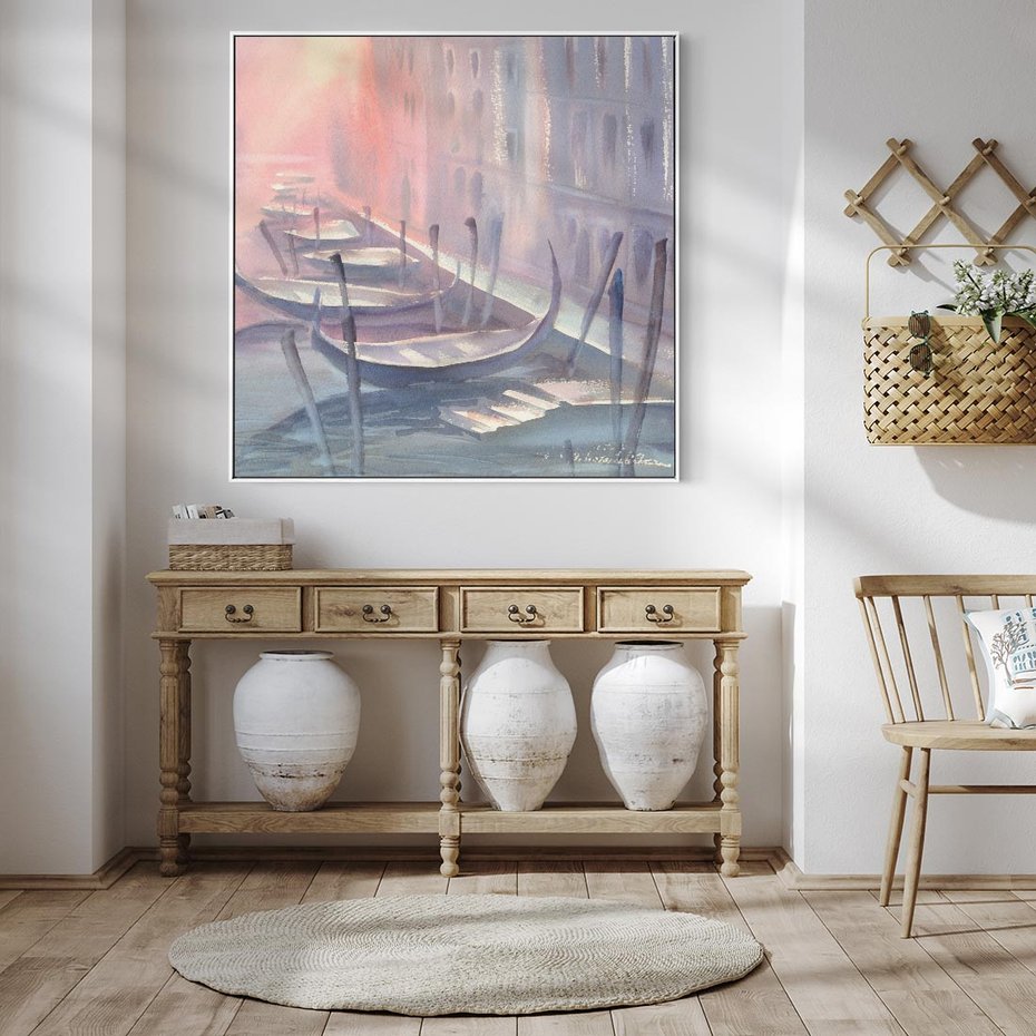 Obraz w ramie 80x80 - Romantyczne Zachody - akwarelowy rysunek, stonowane pastelowe kolory - rama biała