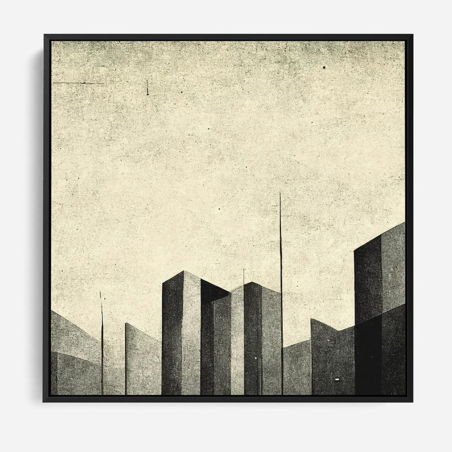 Obraz w ramie 50x50 - Mroczne Wieżowce - postarzana grafika, perspektywa budynków wieżowców - rama czarna