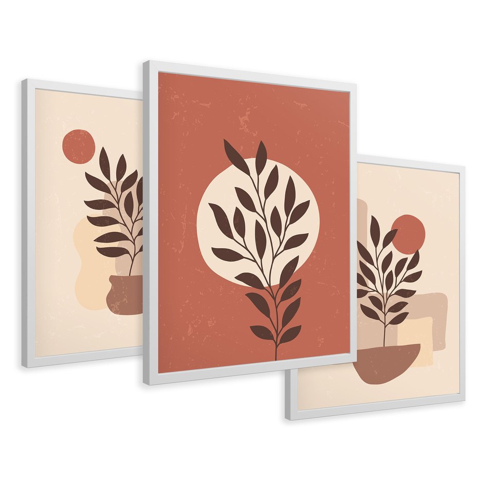 Zestaw obrazy w ramie 50x70 galeria - Boho, rośliny, liście - rama biała