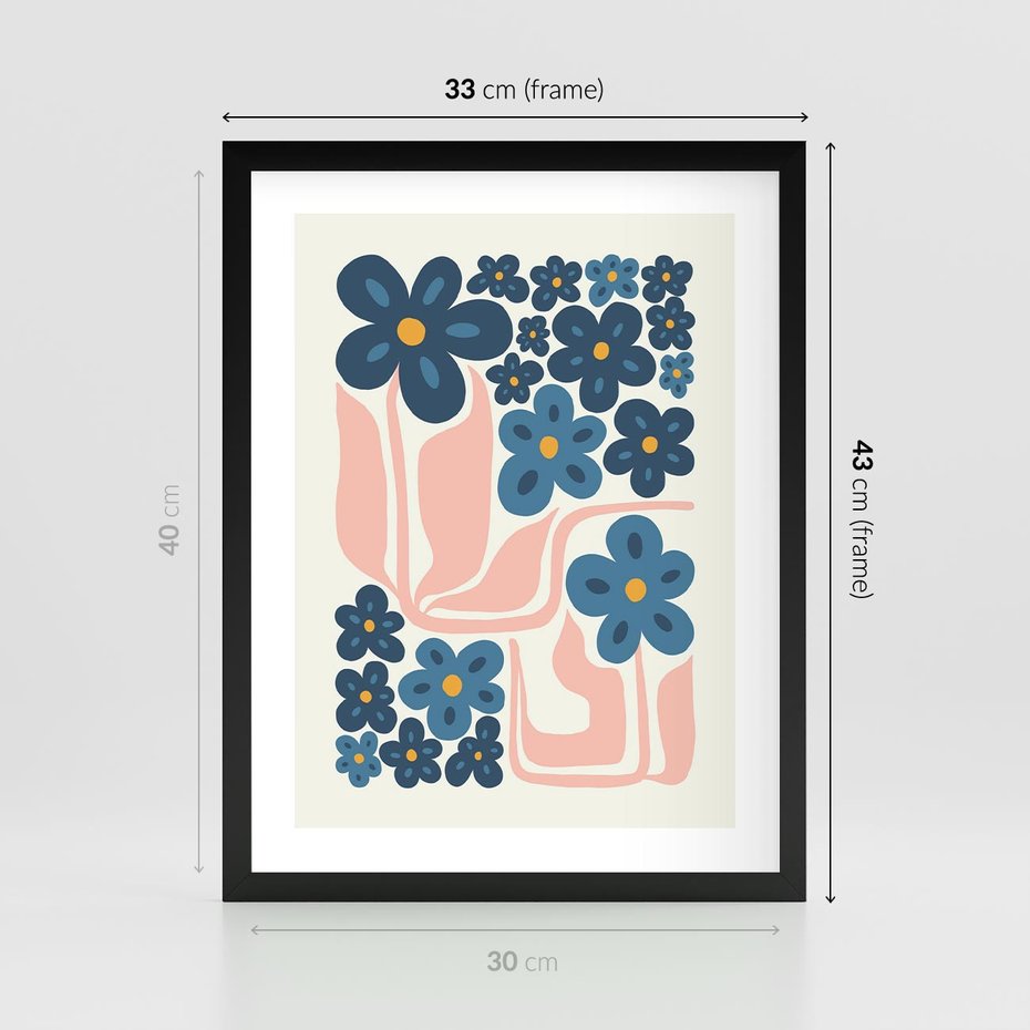 Plakat w ramie 30x40 - Niebieskie Refleksje - niebieskie kwiaty, niezapominajki - rama czarna