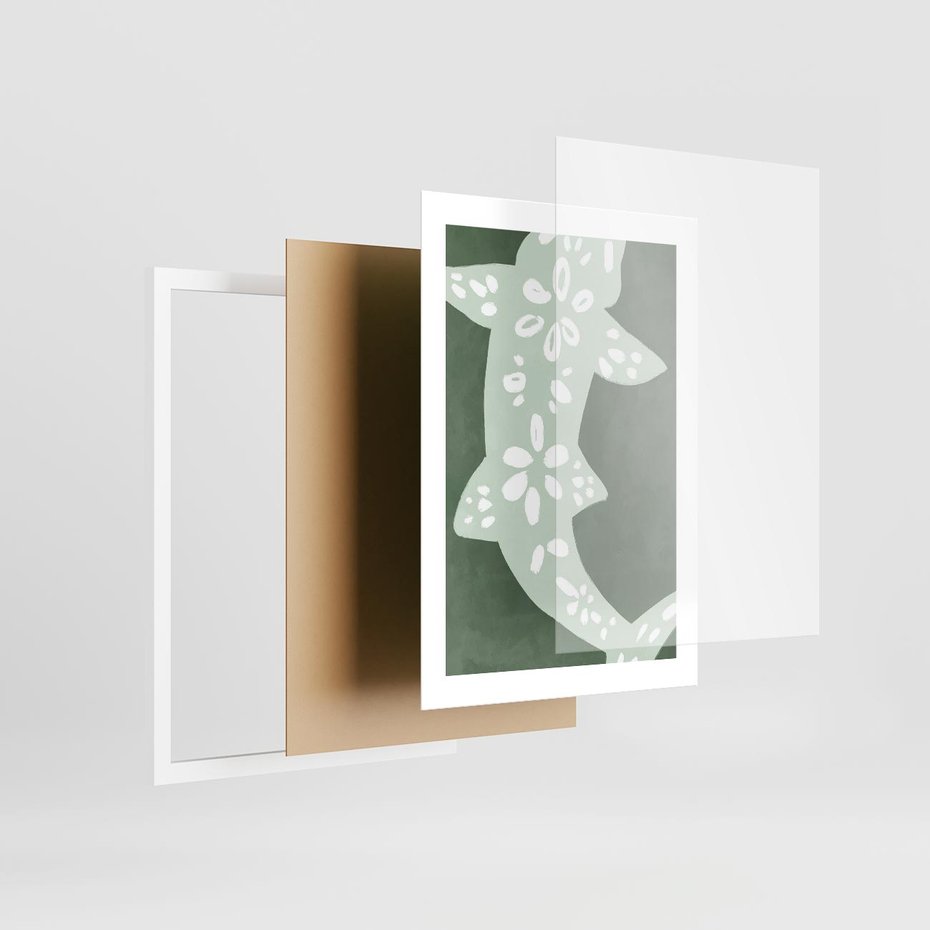 Plakat w ramie 30x40 - Migotliwe Wibracje Zieleni - zielony plakat, abstrakcja przypominająca rybę - rama biała