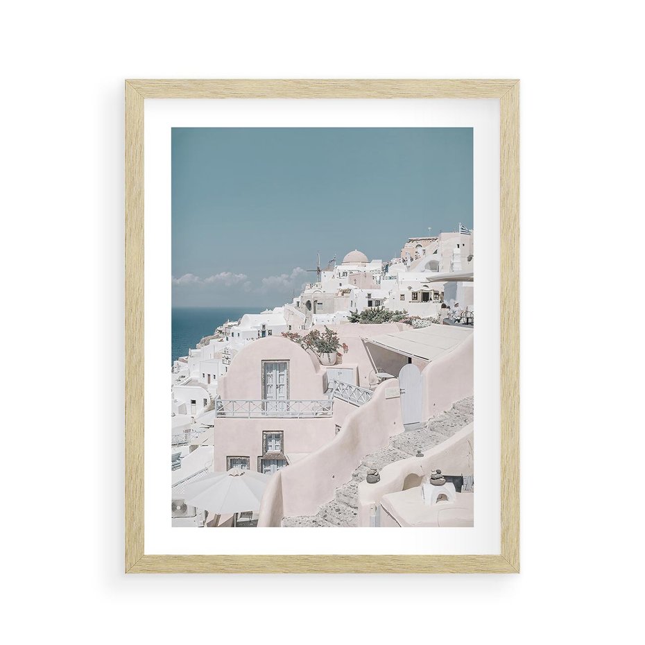 Plakat w ramie 40x50 - Śródziemnomorski Urok - zdjęcie Santorini, białe budynki - rama drewno