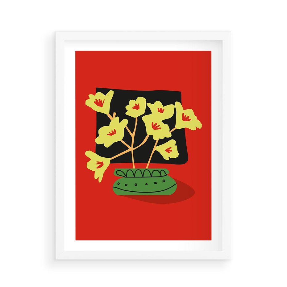 Plakat w ramie 50x70 - Abstrakcyjne Przenikanie - abstrakcyjne kwiaty, czerwone tło - rama biała